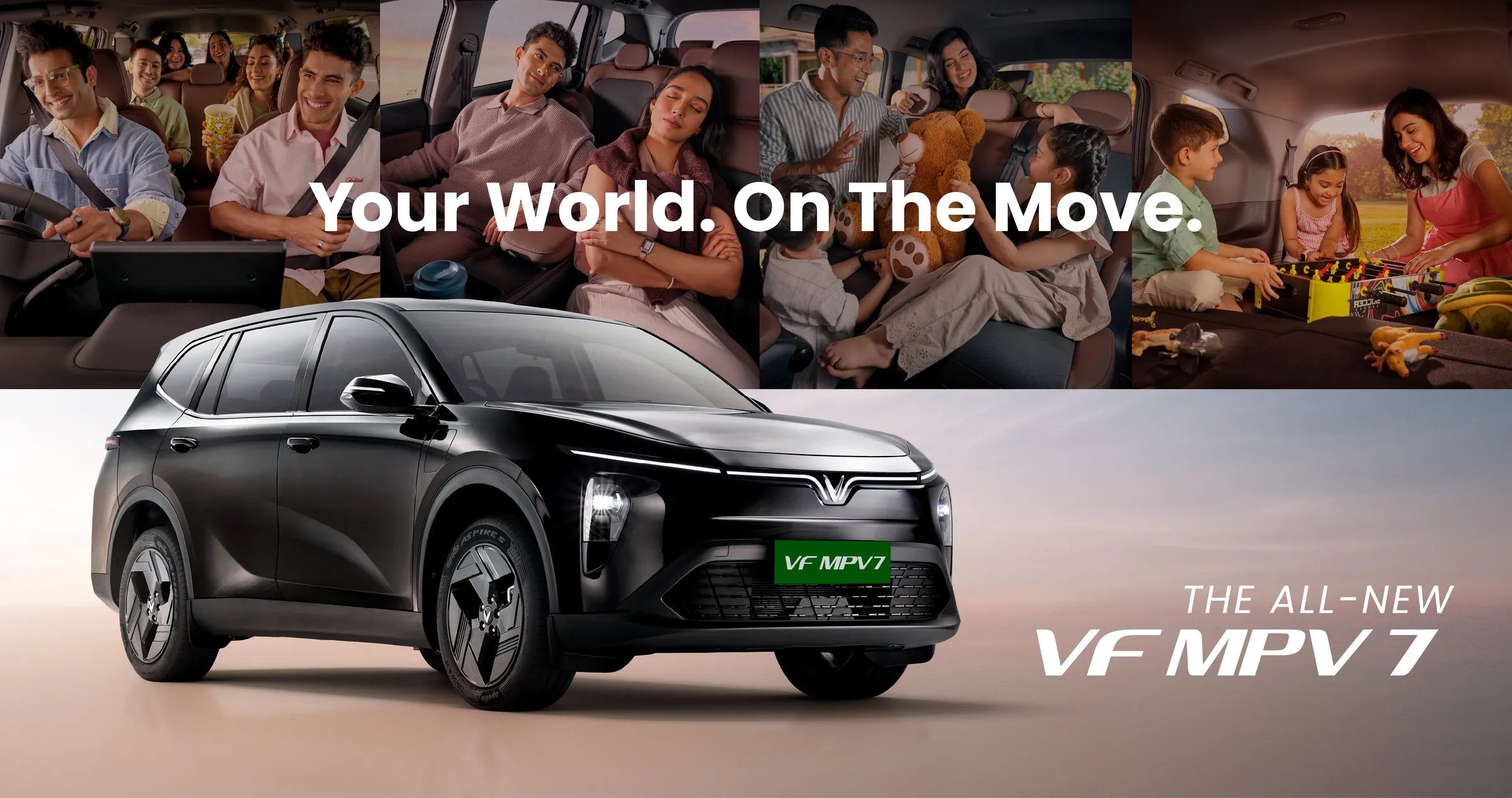A family relaxing inside the VinFast VF MPV 7, with the car in front. Your World. On The Move.