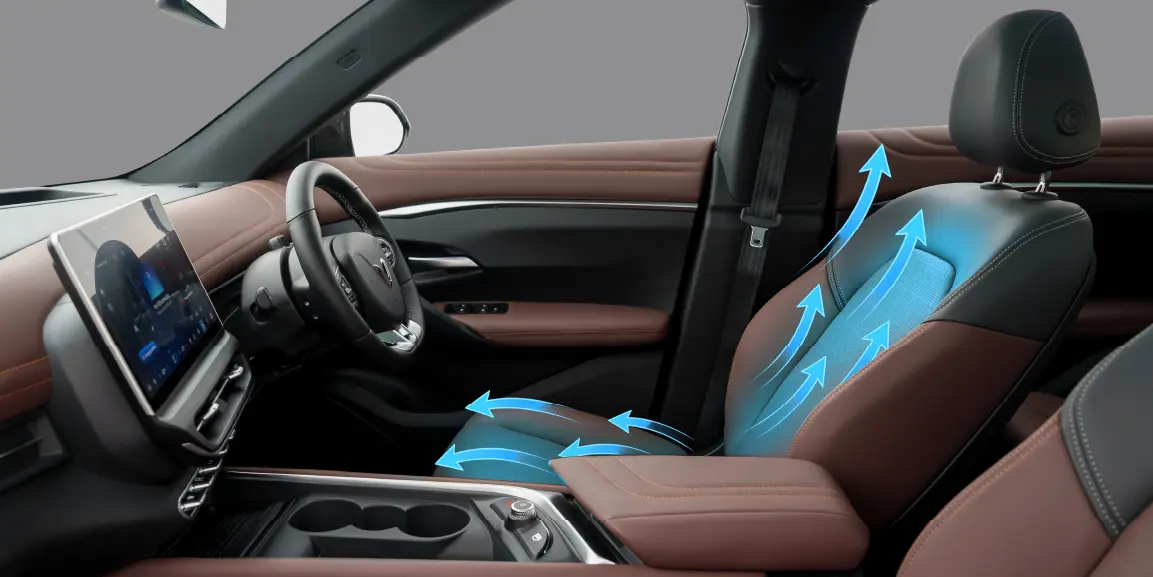 Ventilated front seat in the VinFast VF 7, with cool air shown flowing through it